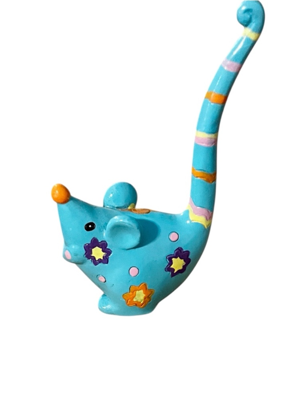 Ring holder, Turquoise Wood or Resin Mouse Figurine with Floral Accents